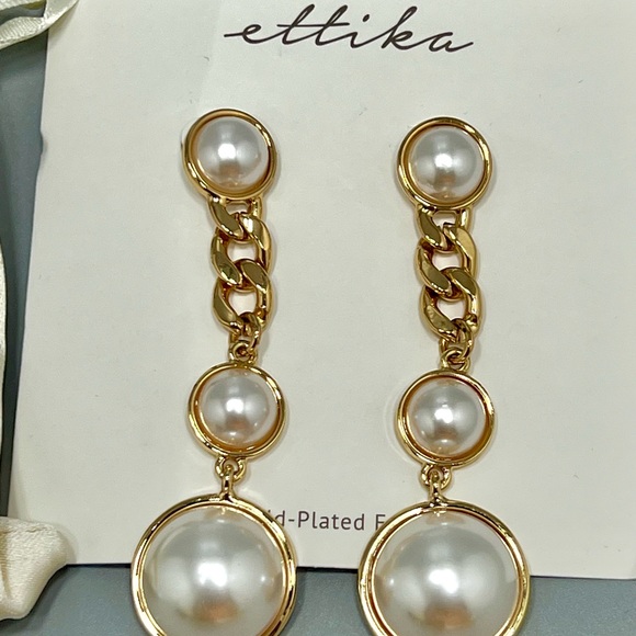 Ettika 18k Gold Plated Faux Pearl Drop Earrings NWT - Picture 2 of 4